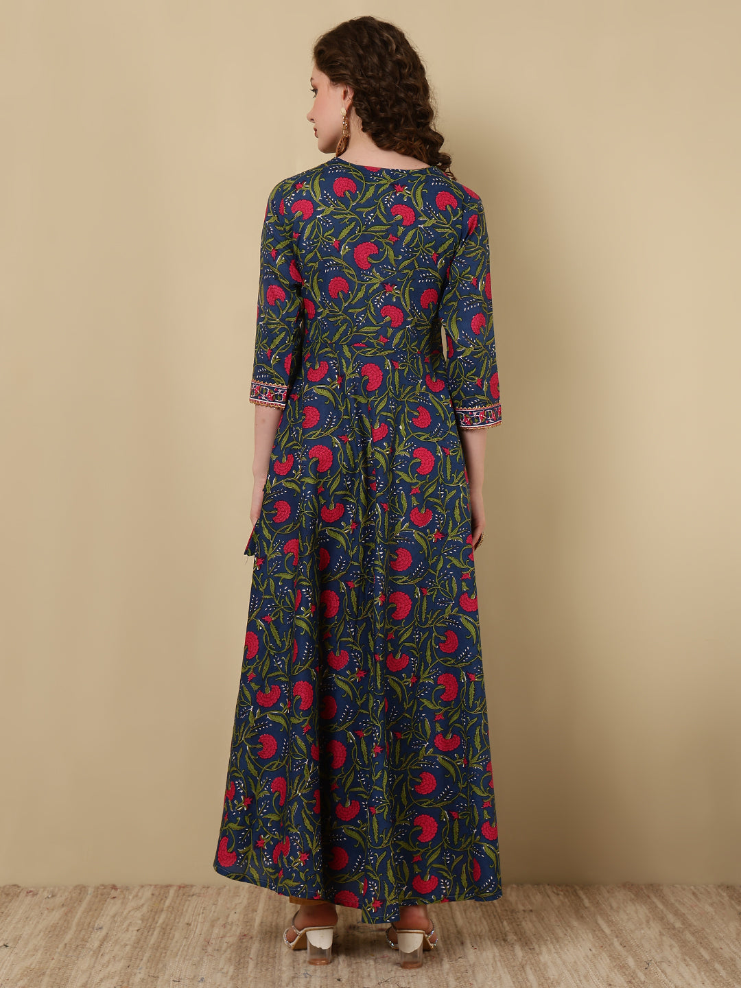 Cotton Printed Ankle Length 3/4 Sleeve V-Neck Angrakha Kurta