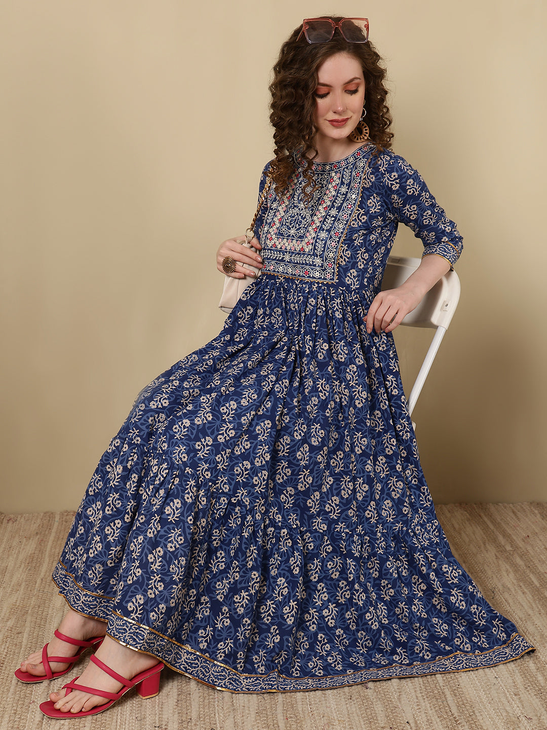 Rayon Embroidered Printed Ankle Length 3/4 Sleeve Round Neck Tiered Kurta