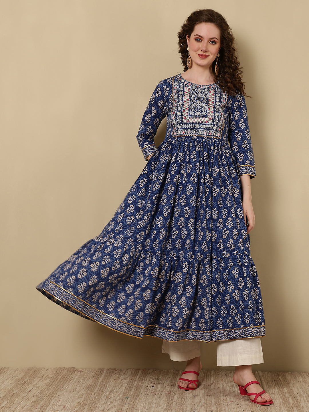 Rayon Embroidered Printed Ankle Length 3/4 Sleeve Round Neck Tiered Kurta