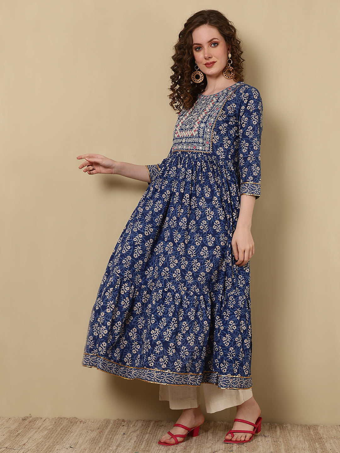 Rayon Embroidered Printed Ankle Length 3/4 Sleeve Round Neck Tiered Kurta