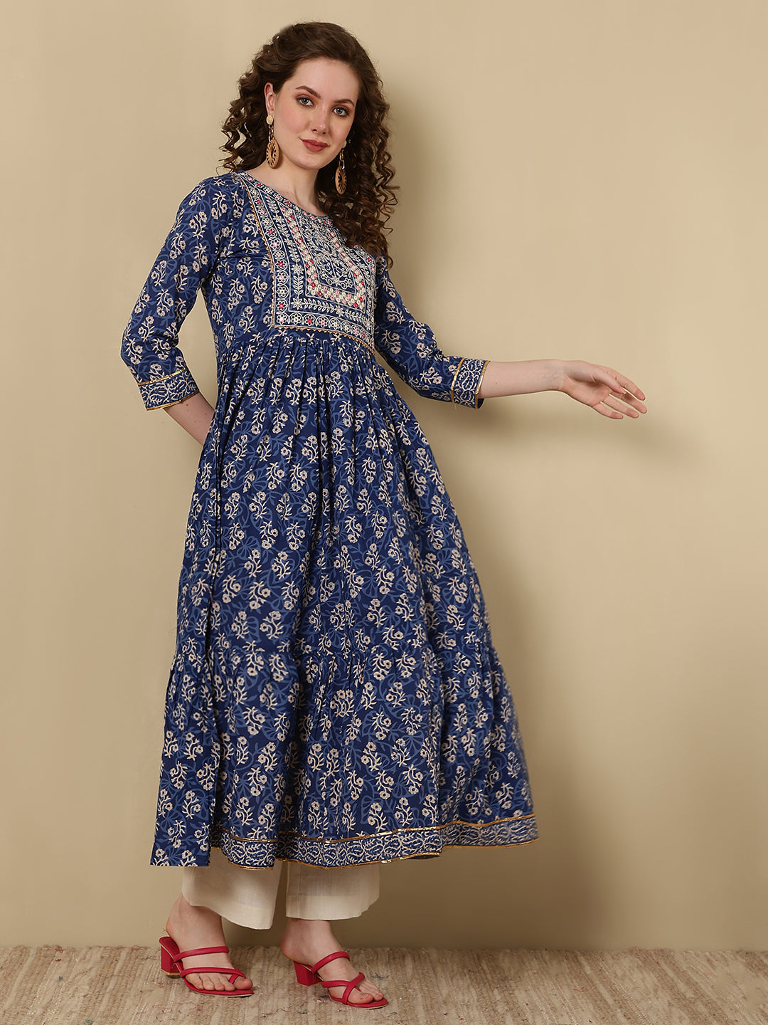 Rayon Embroidered Printed Ankle Length 3/4 Sleeve Round Neck Tiered Kurta