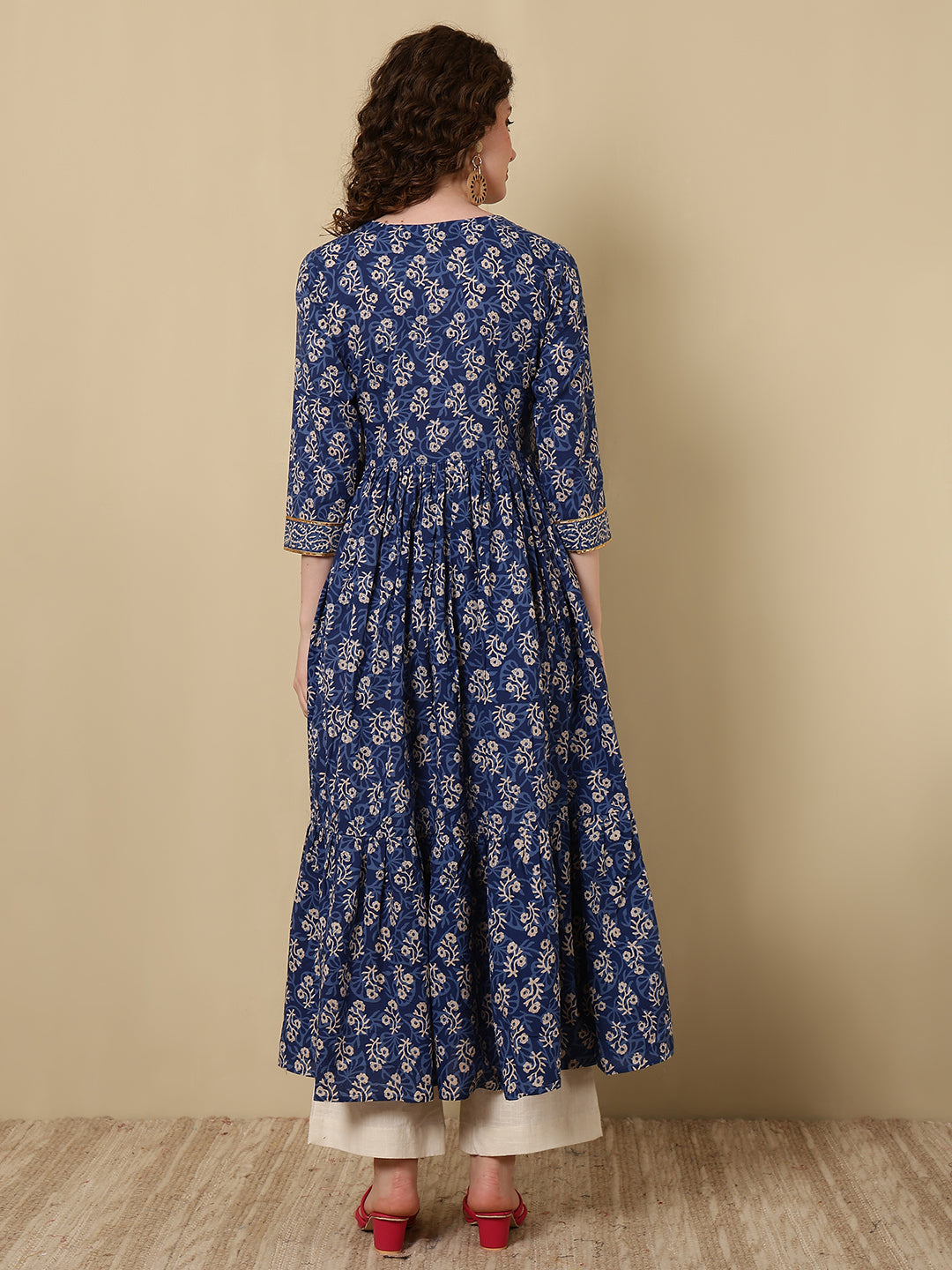 Rayon Embroidered Printed Ankle Length 3/4 Sleeve Round Neck Tiered Kurta