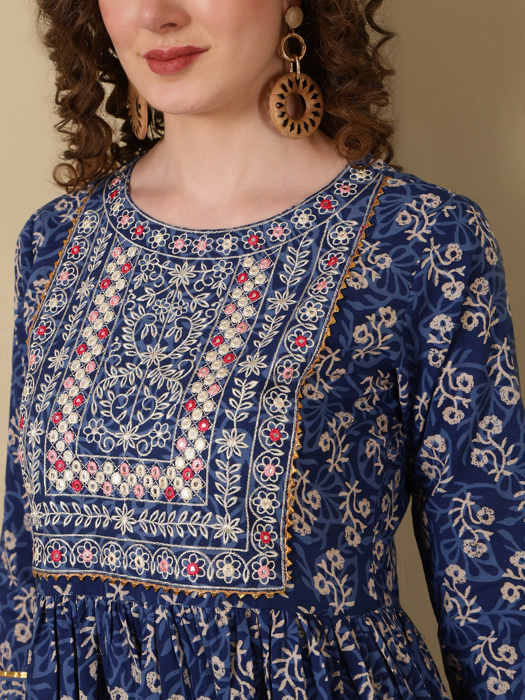 Rayon Embroidered Printed Ankle Length 3/4 Sleeve Round Neck Tiered Kurta