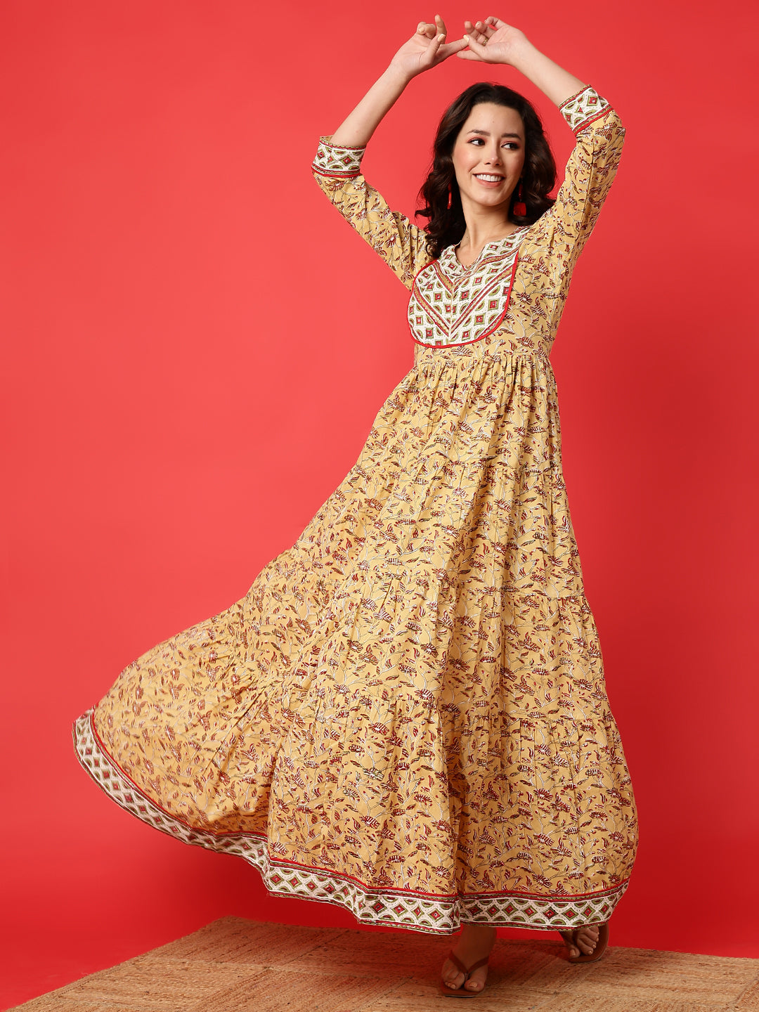 Rayon Printed Ankle Length 3/4 Sleeve Round Neck Tiered Kurta