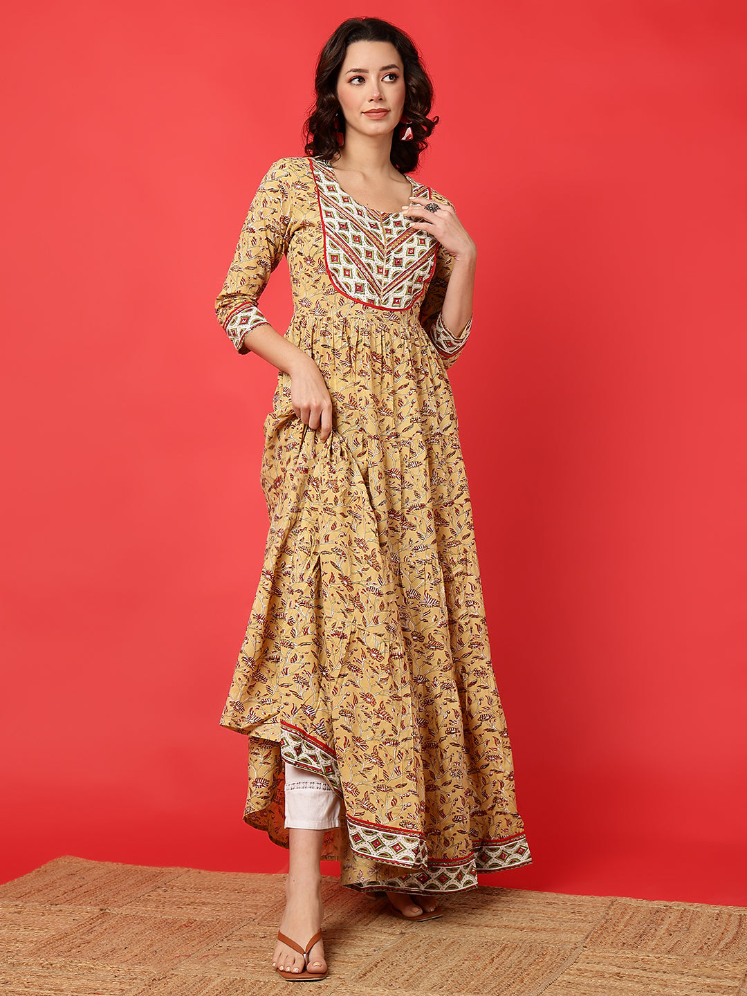 Rayon Printed Ankle Length 3/4 Sleeve Round Neck Tiered Kurta