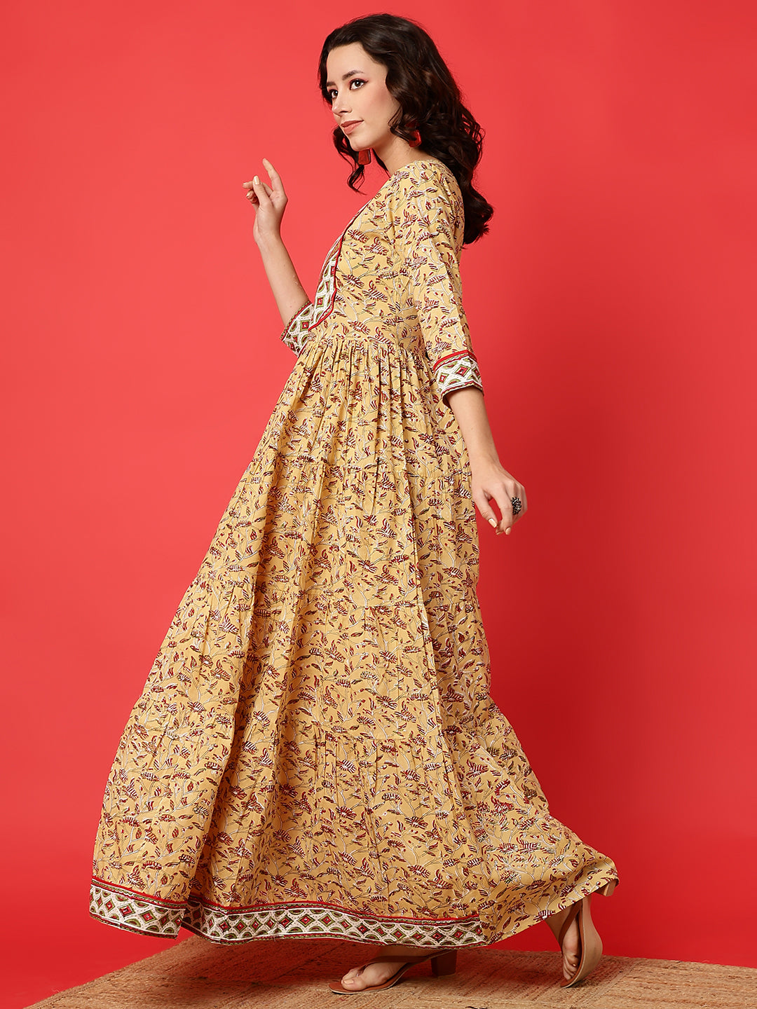 Rayon Printed Ankle Length 3/4 Sleeve Round Neck Tiered Kurta