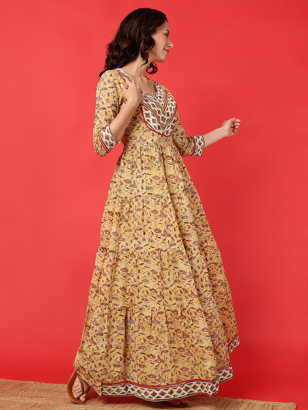 Rayon Printed Ankle Length 3/4 Sleeve Round Neck Tiered Kurta