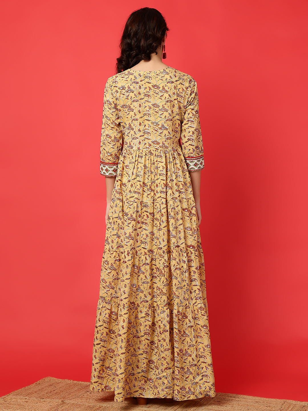 Rayon Printed Ankle Length 3/4 Sleeve Round Neck Tiered Kurta