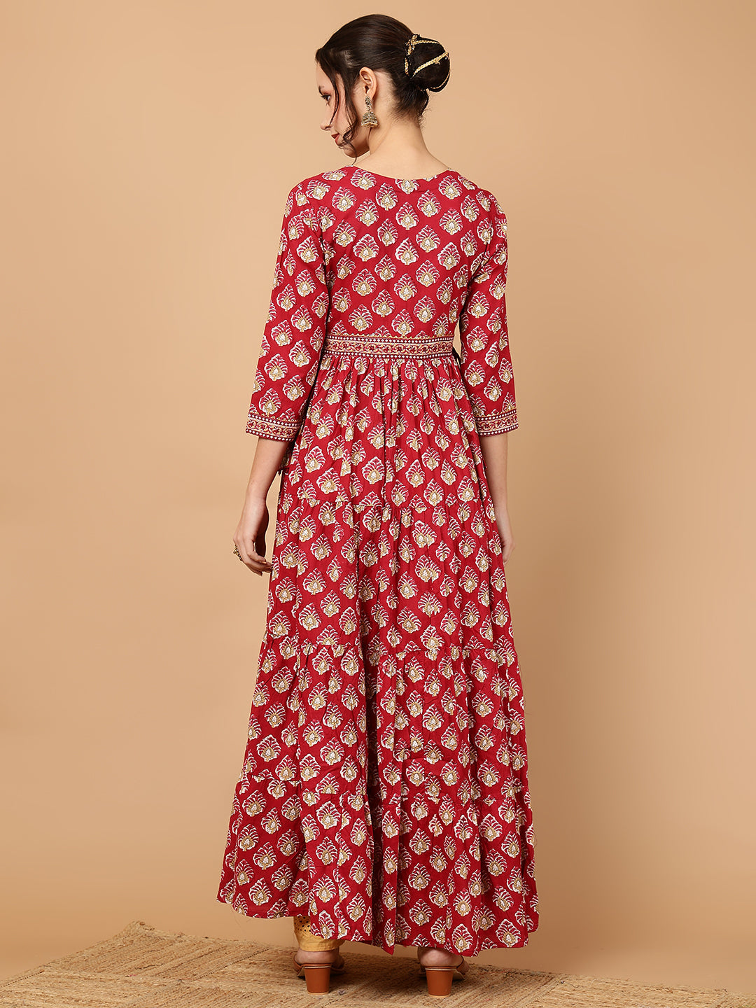 Cotton Printed Ankle Length 3/4 Sleeve V-Neck Alia Cut Tiered Kurta