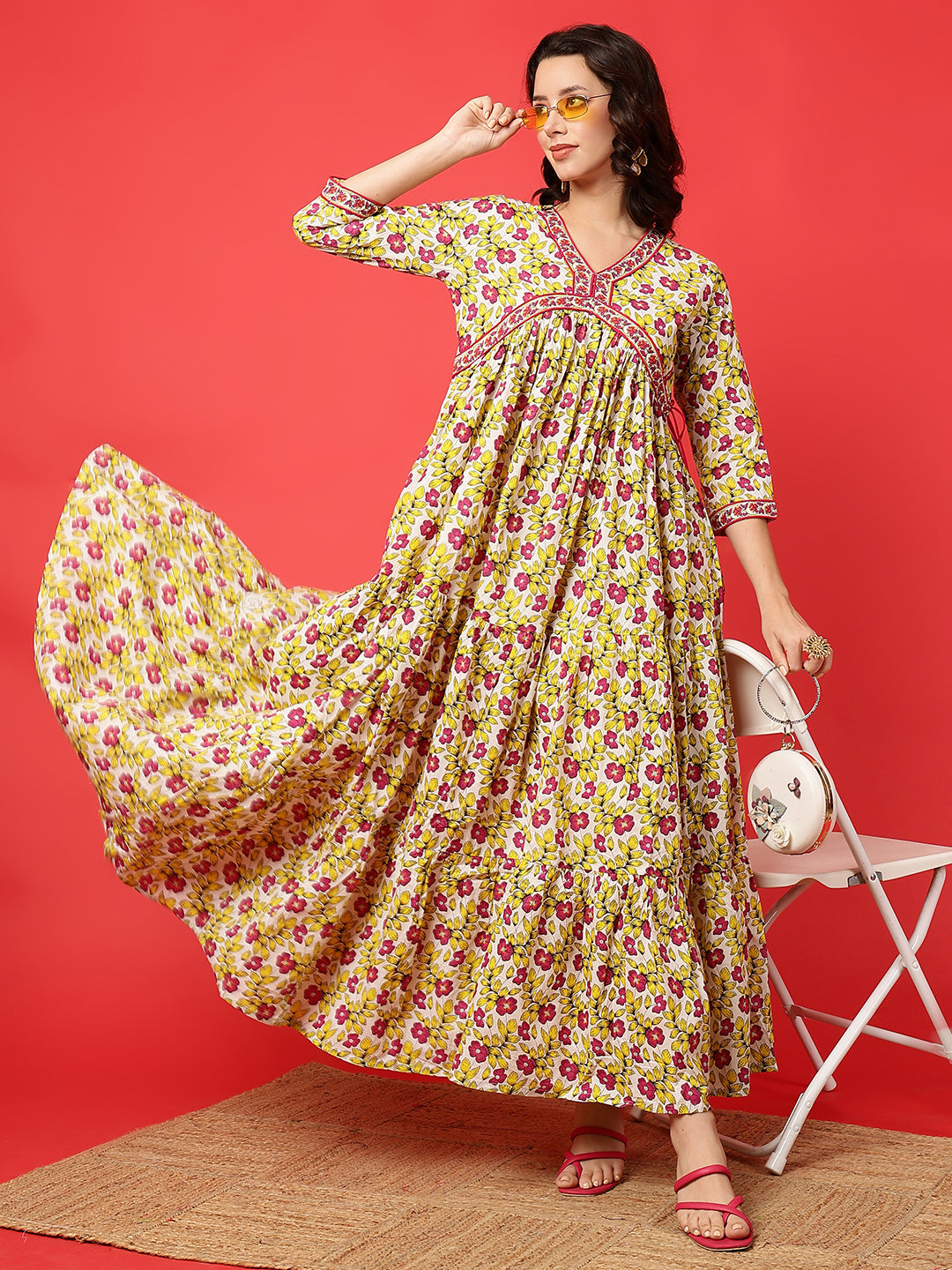 Cotton Printed Ankle Length 3/4 Sleeve V-Neck Alia Cut Tiered Kurta