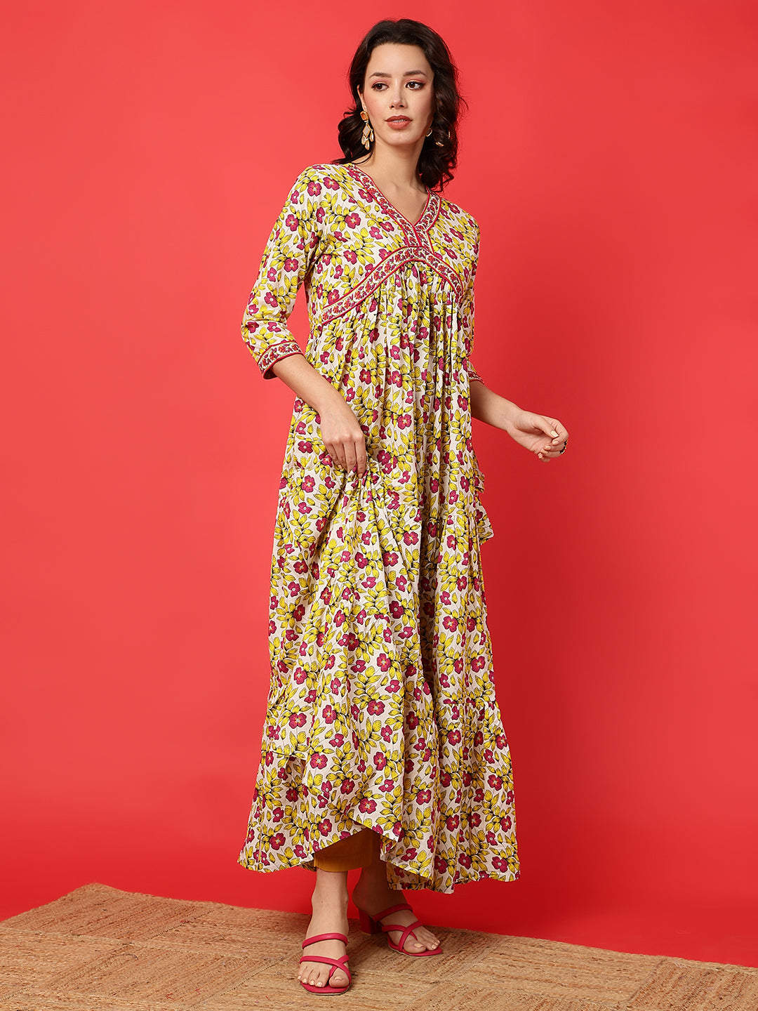 Cotton Printed Ankle Length 3/4 Sleeve V-Neck Alia Cut Tiered Kurta