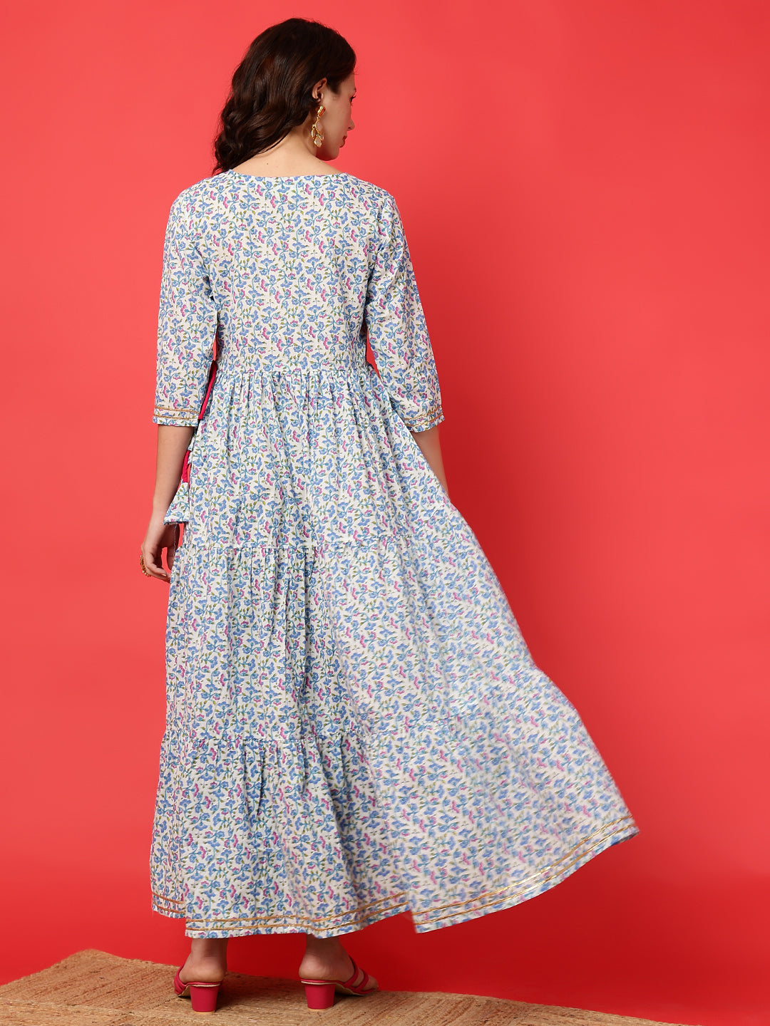 Cotton Printed Ankle Length 3/4 Sleeve V-Neck Angrakha Tiered Kurta