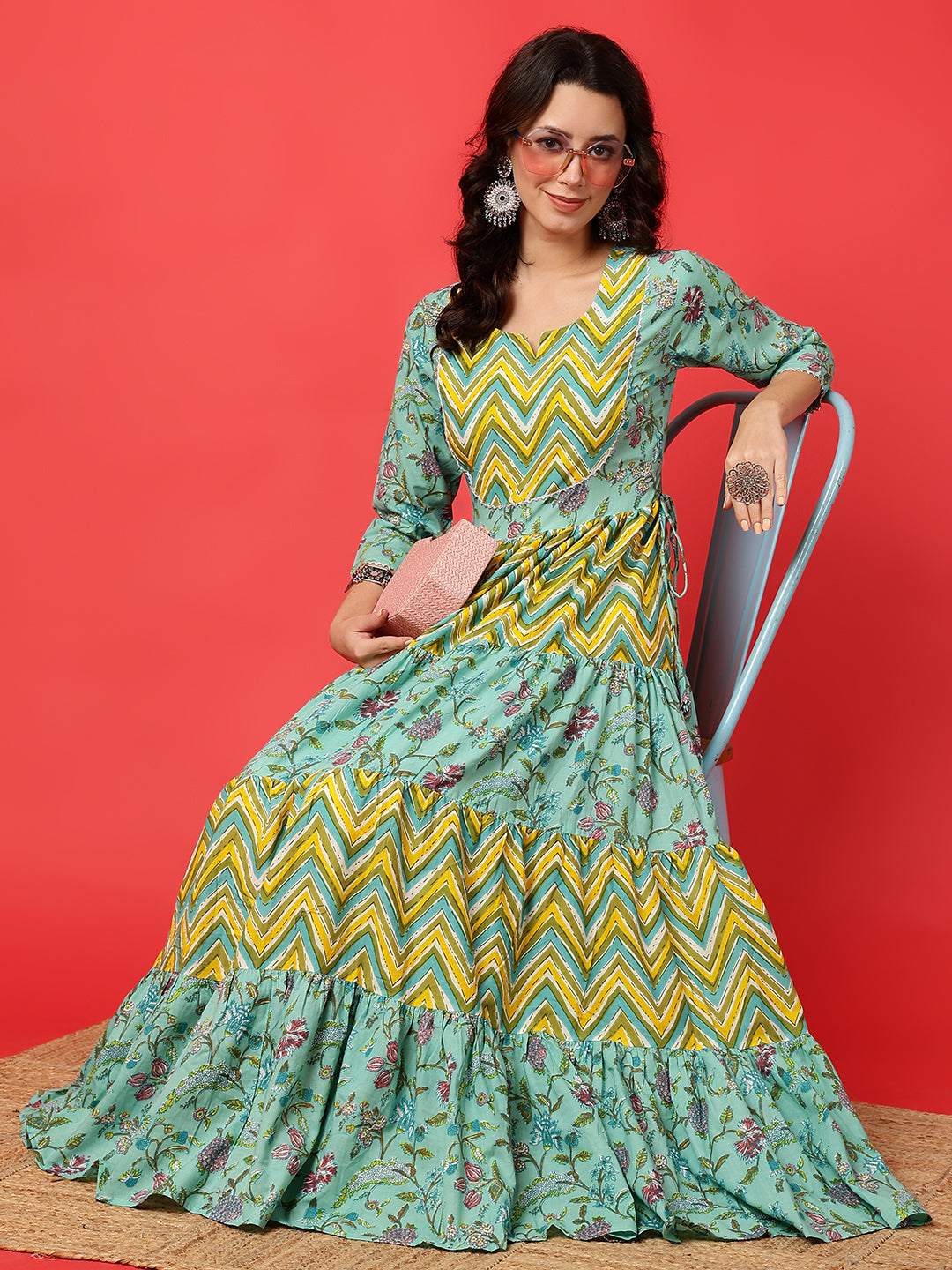 Cotton Printed Ankle Length 3/4 Sleeve Round Neck Tiered Kurta