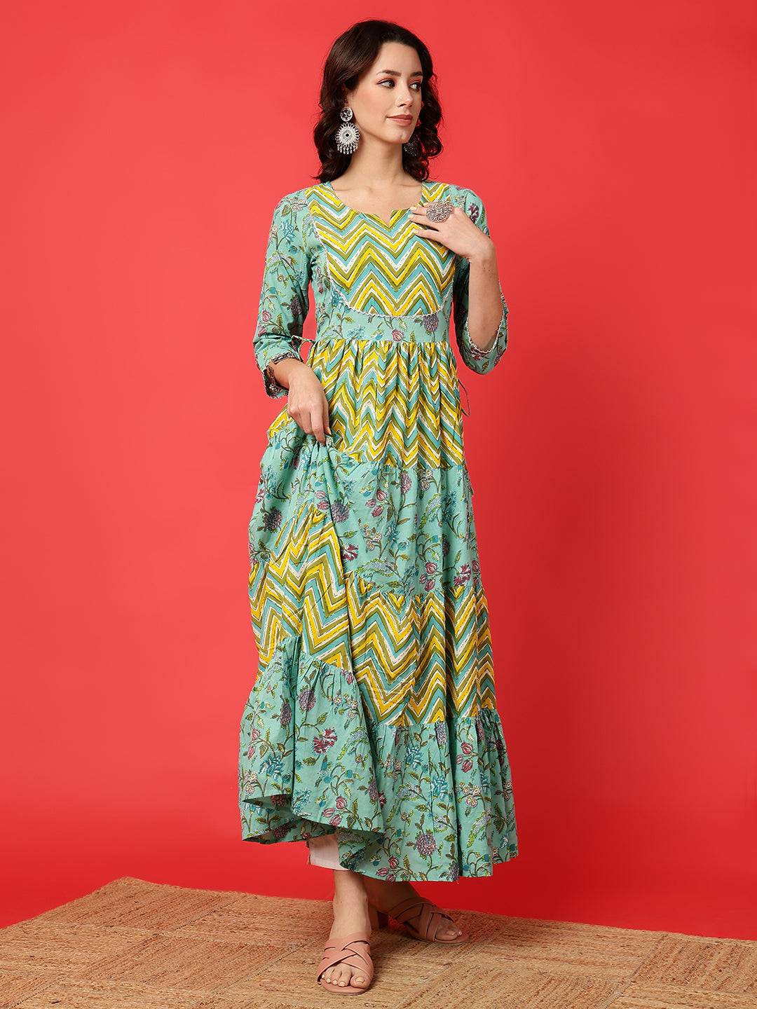 Cotton Printed Ankle Length 3/4 Sleeve Round Neck Tiered Kurta