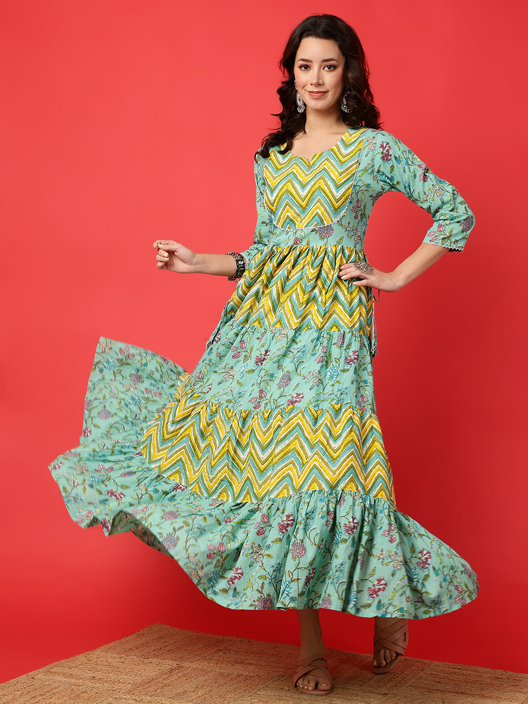 Cotton Printed Ankle Length 3/4 Sleeve Round Neck Tiered Kurta