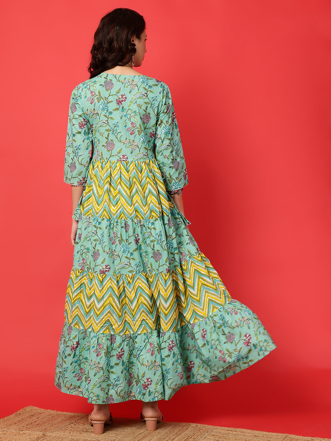 Cotton Printed Ankle Length 3/4 Sleeve Round Neck Tiered Kurta
