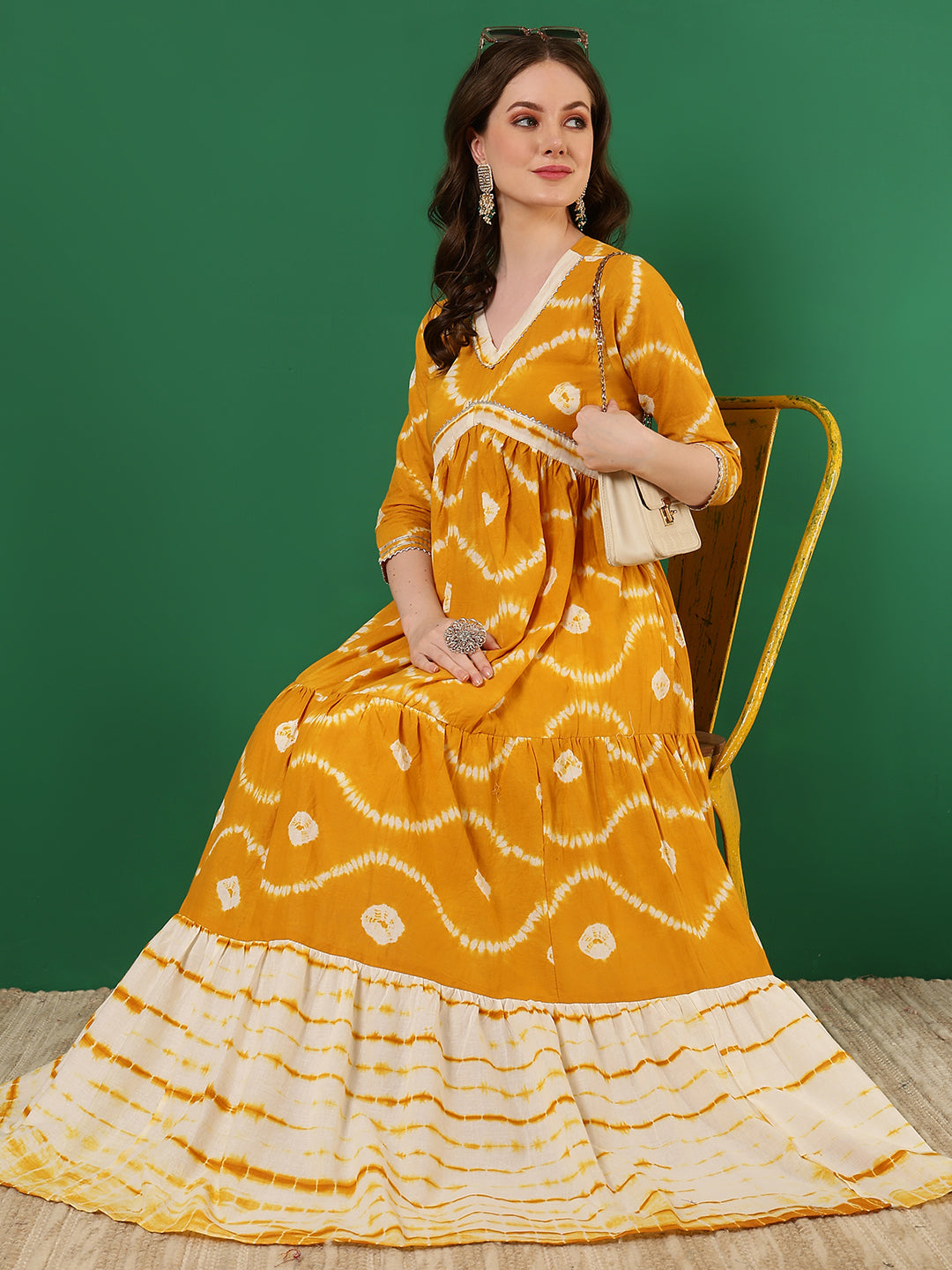 Cotton Printed Ankle Length 3/4 Sleeve V-Neck Alia Cut Tiered Kurta