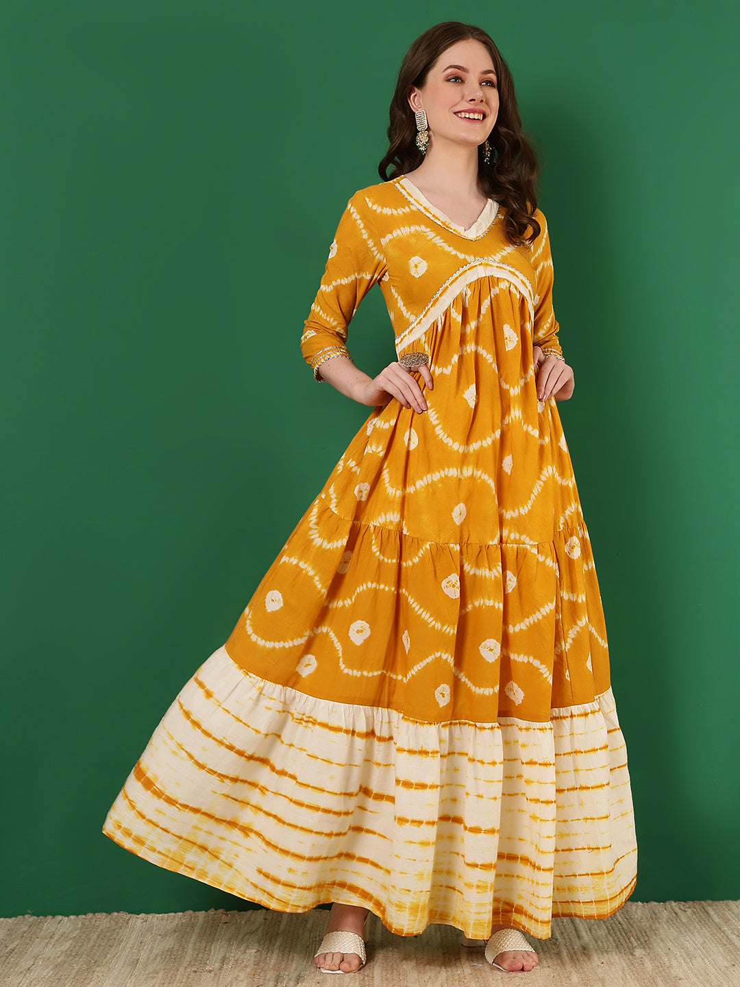 Cotton Printed Ankle Length 3/4 Sleeve V-Neck Alia Cut Tiered Kurta