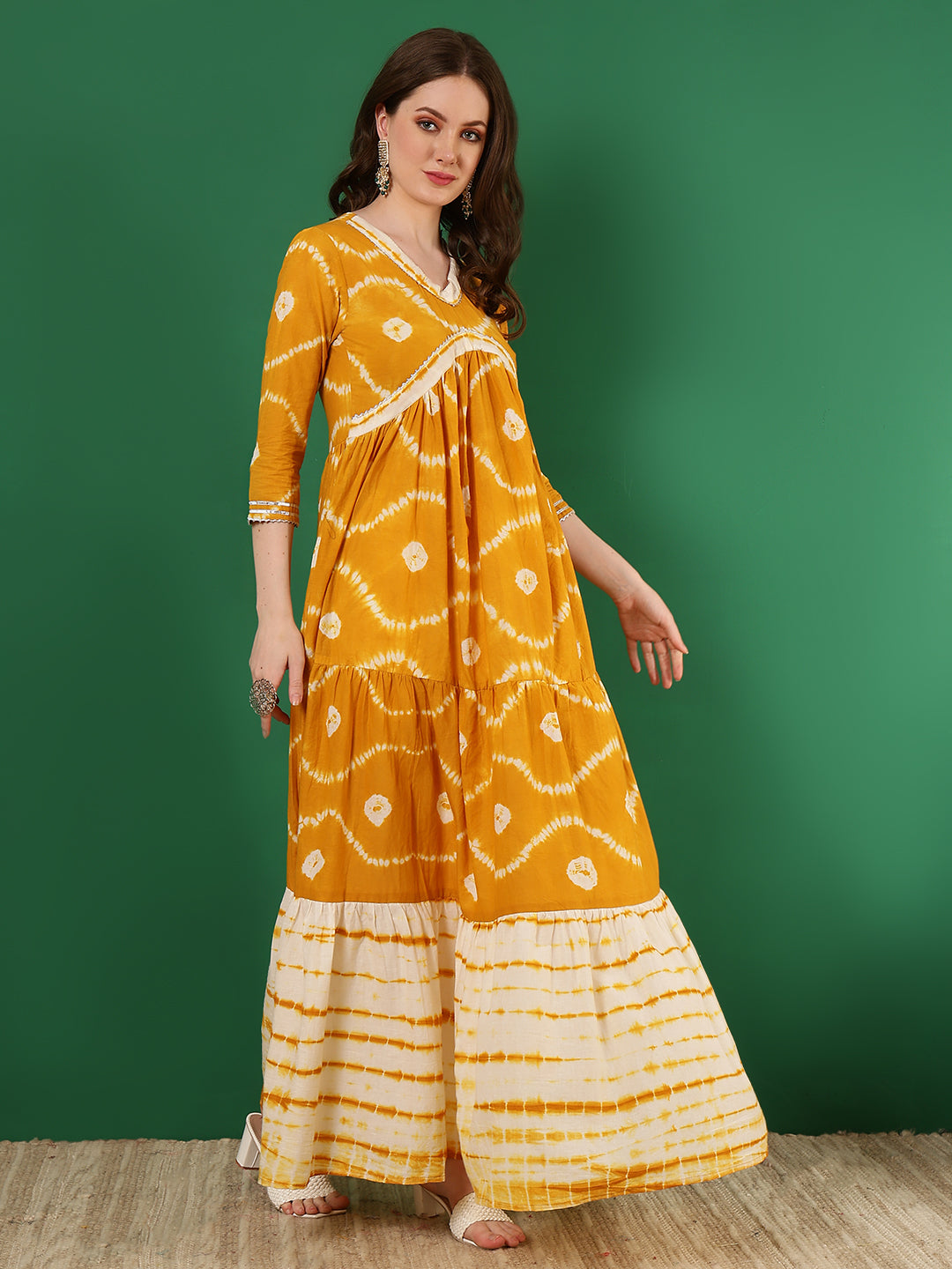 Cotton Printed Ankle Length 3/4 Sleeve V-Neck Alia Cut Tiered Kurta