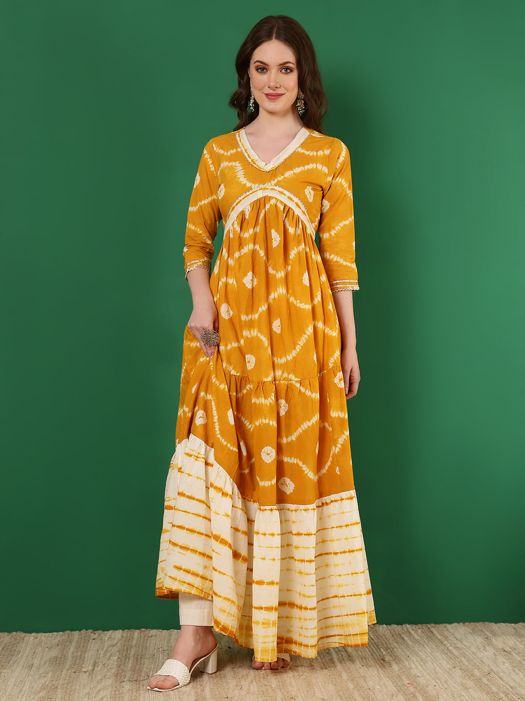 Cotton Printed Ankle Length 3/4 Sleeve V-Neck Alia Cut Tiered Kurta