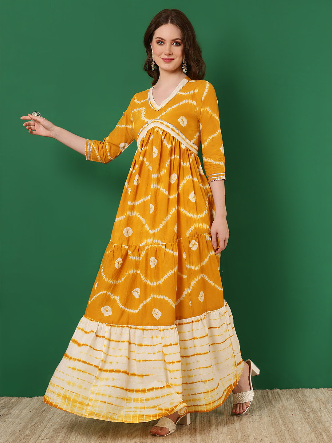 Cotton Printed Ankle Length 3/4 Sleeve V-Neck Alia Cut Tiered Kurta