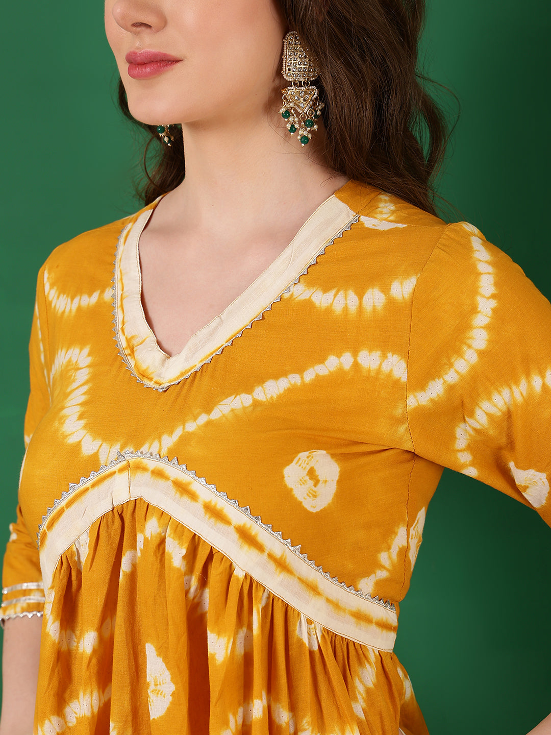 Cotton Printed Ankle Length 3/4 Sleeve V-Neck Alia Cut Tiered Kurta