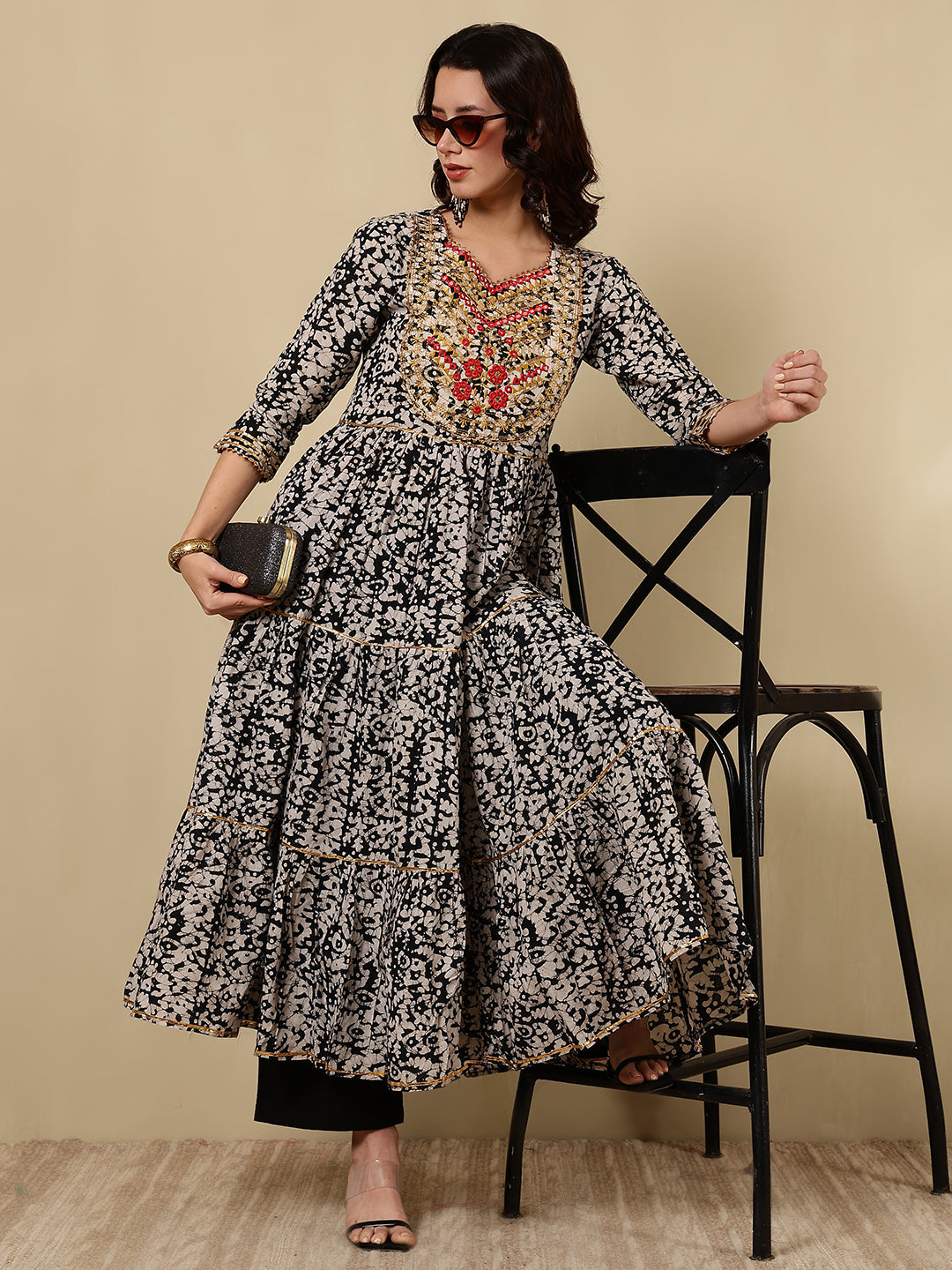 Rayon Embroidered Printed Ankle Length 3/4 Sleeve Round Neck Tiered Kurta