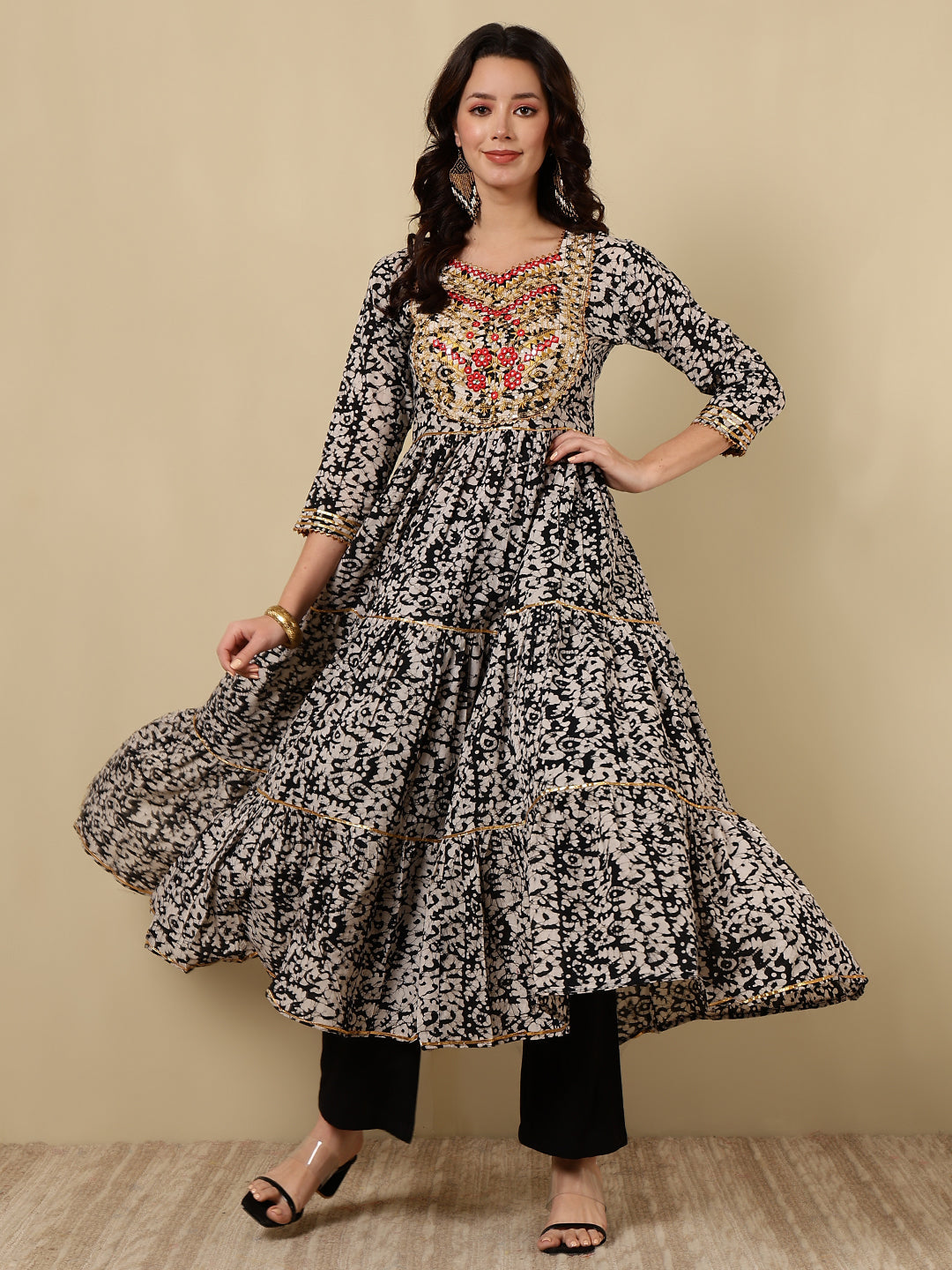 Rayon Embroidered Printed Ankle Length 3/4 Sleeve Round Neck Tiered Kurta