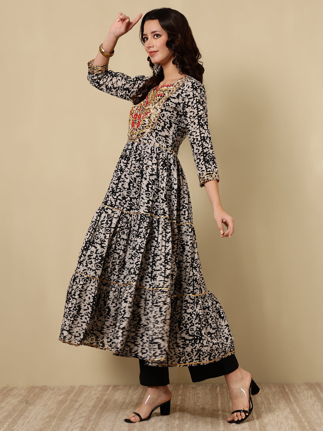 Rayon Embroidered Printed Ankle Length 3/4 Sleeve Round Neck Tiered Kurta