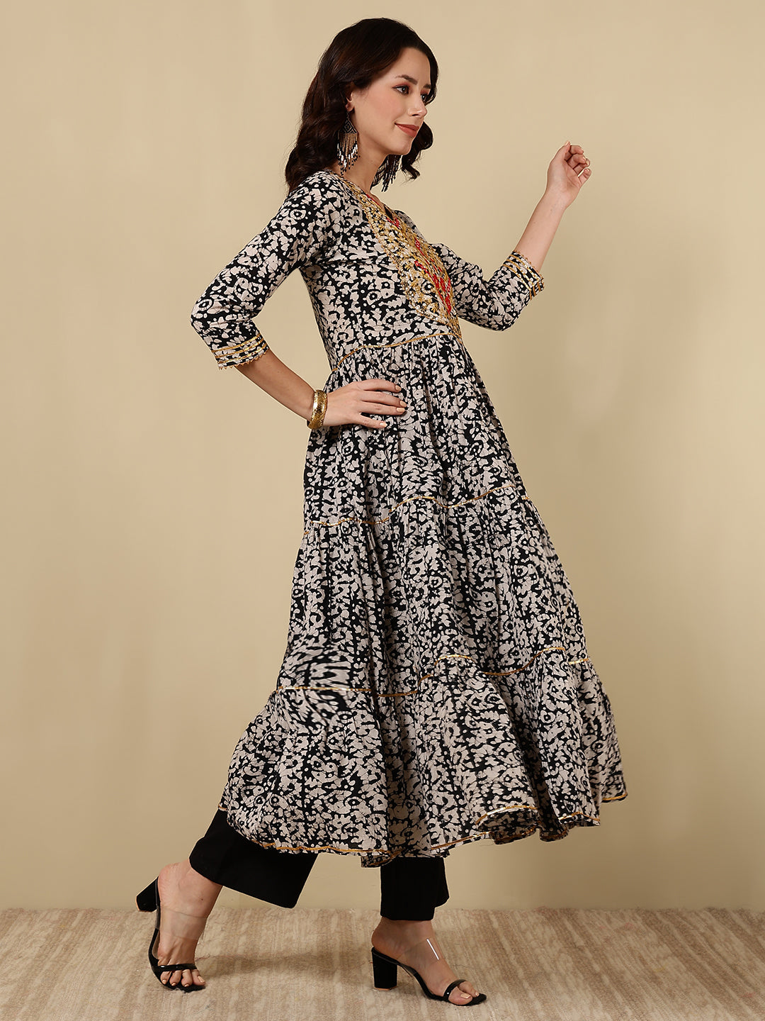 Rayon Embroidered Printed Ankle Length 3/4 Sleeve Round Neck Tiered Kurta