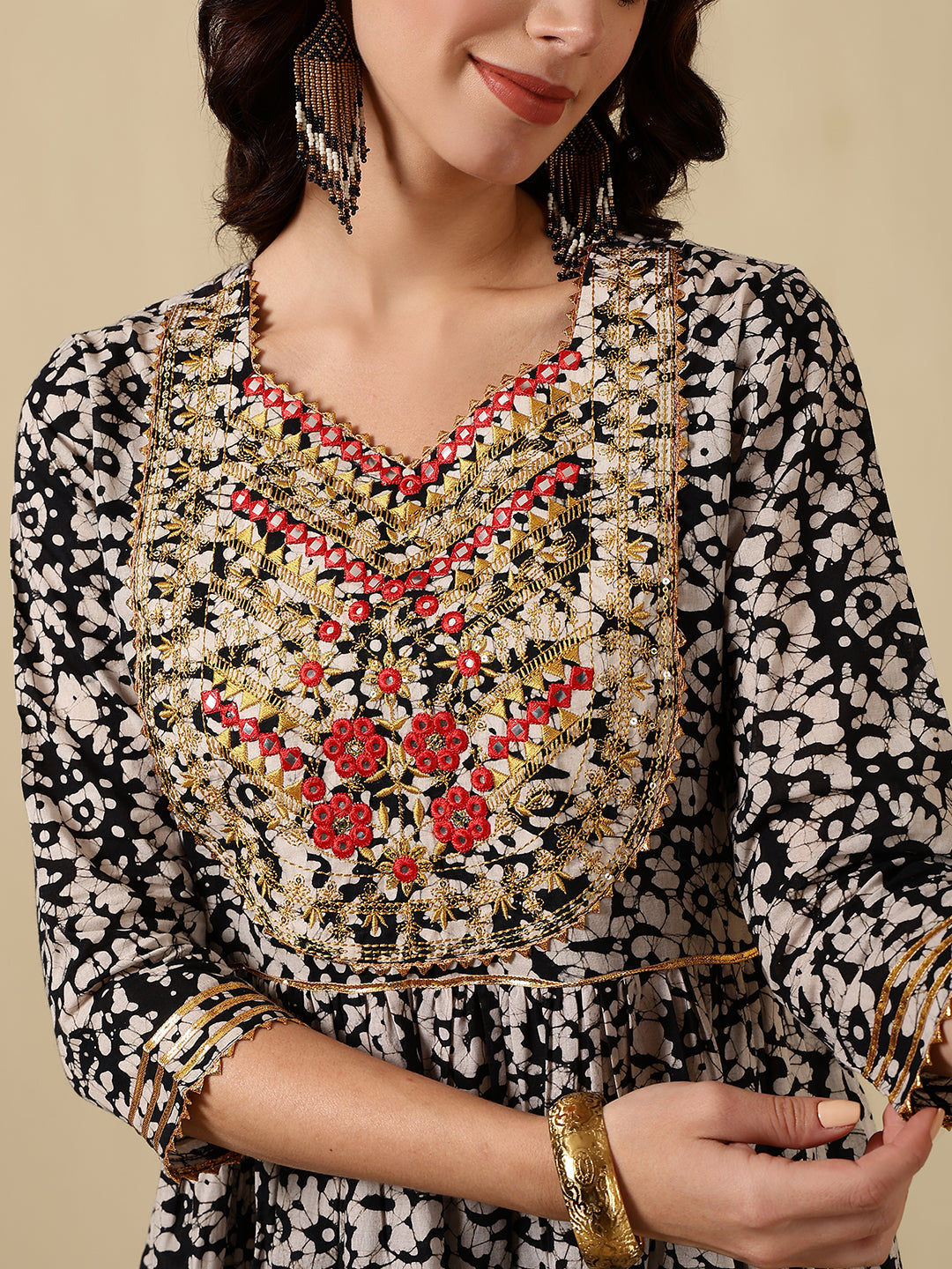 Rayon Embroidered Printed Ankle Length 3/4 Sleeve Round Neck Tiered Kurta