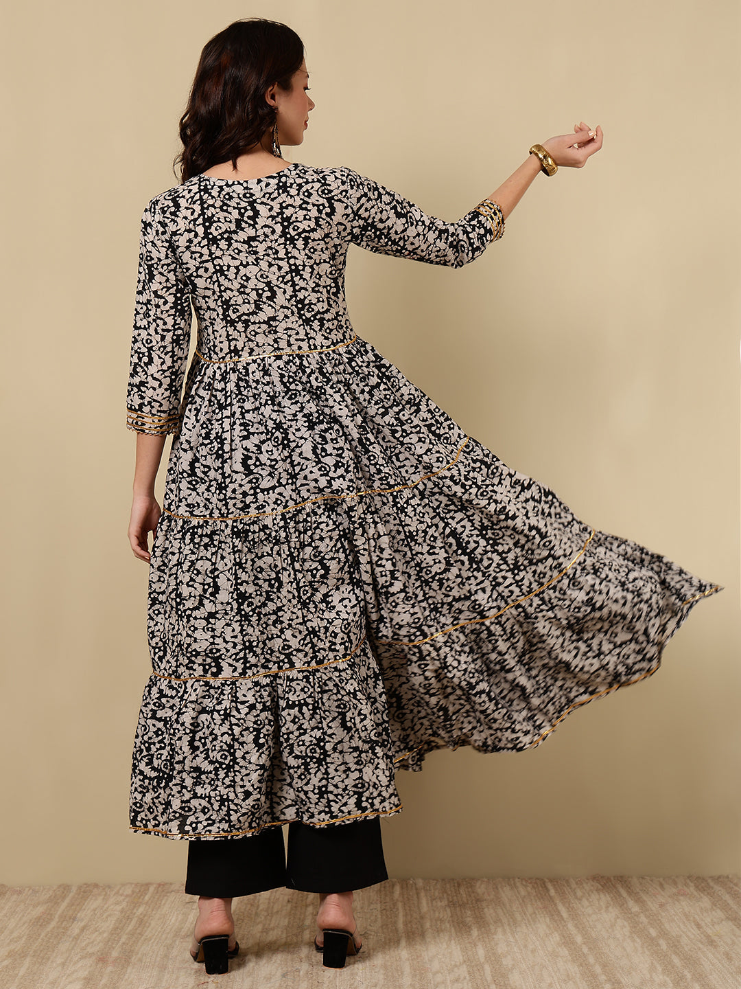 Rayon Embroidered Printed Ankle Length 3/4 Sleeve Round Neck Tiered Kurta