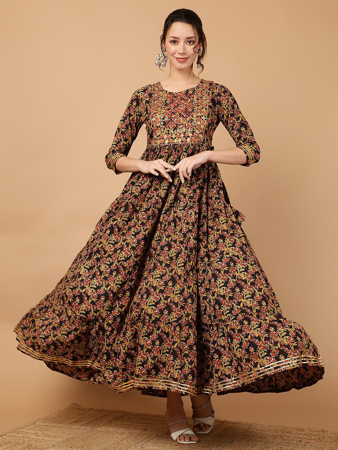 Rayon Embroidered Printed Ankle Length 3/4 Sleeve Round Neck Tiered Kurta