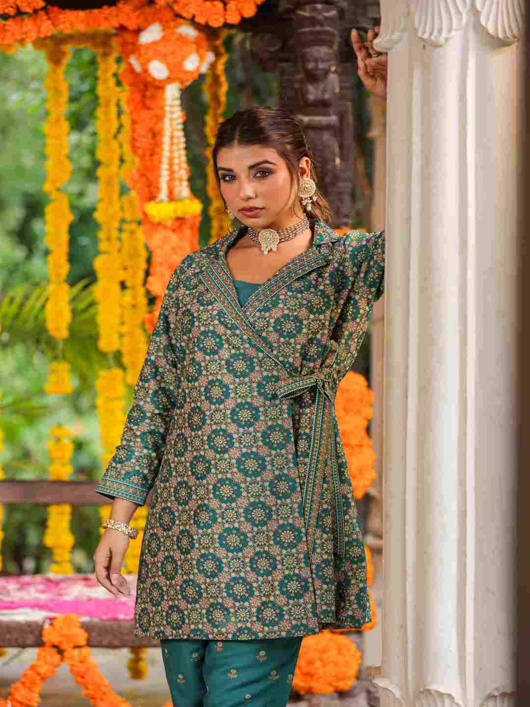 Teal Chanderi Printed Clothing Set