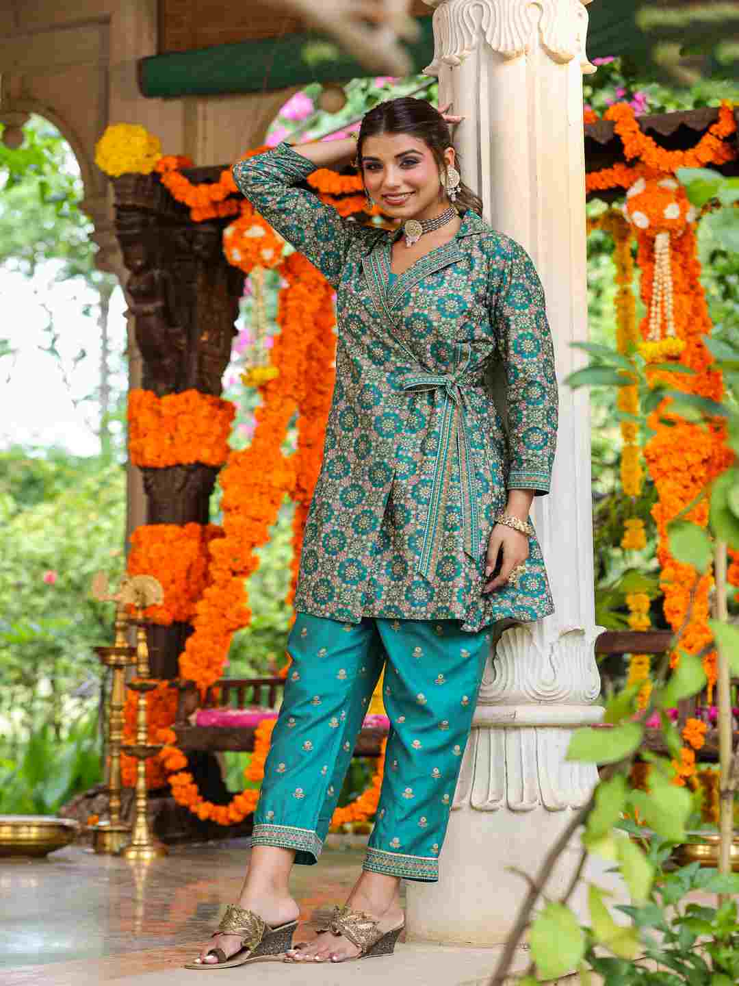 Teal Chanderi Printed Clothing Set
