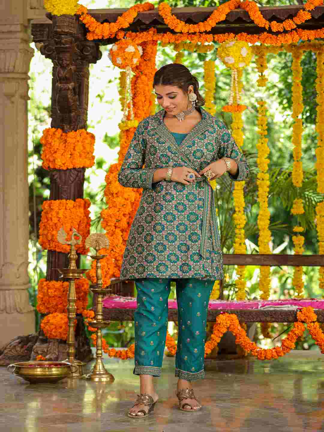 Teal Chanderi Printed Clothing Set