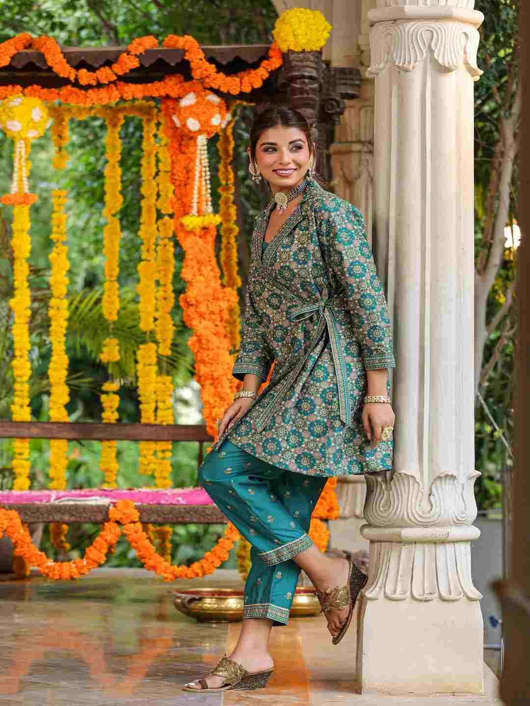 Teal Chanderi Printed Clothing Set