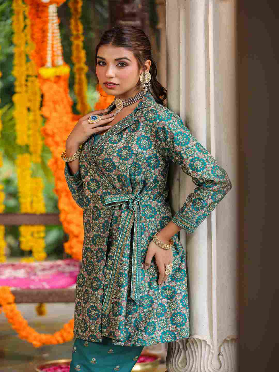 Teal Chanderi Printed Clothing Set