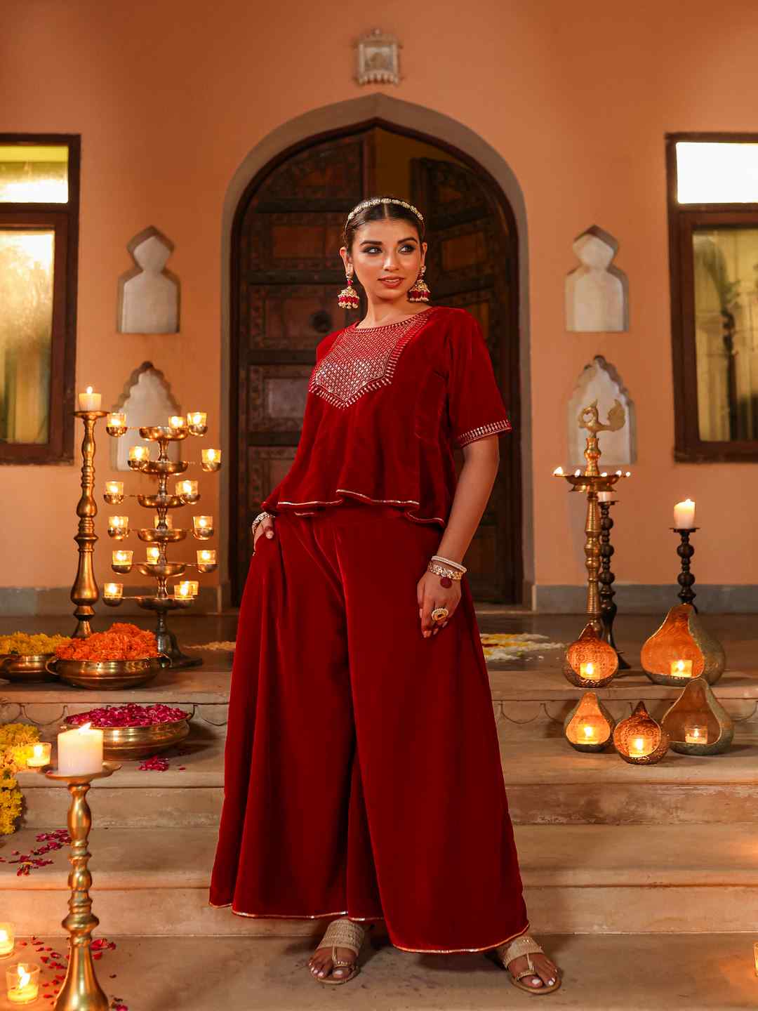 Maroon Velvet Embroidered Clothing Set