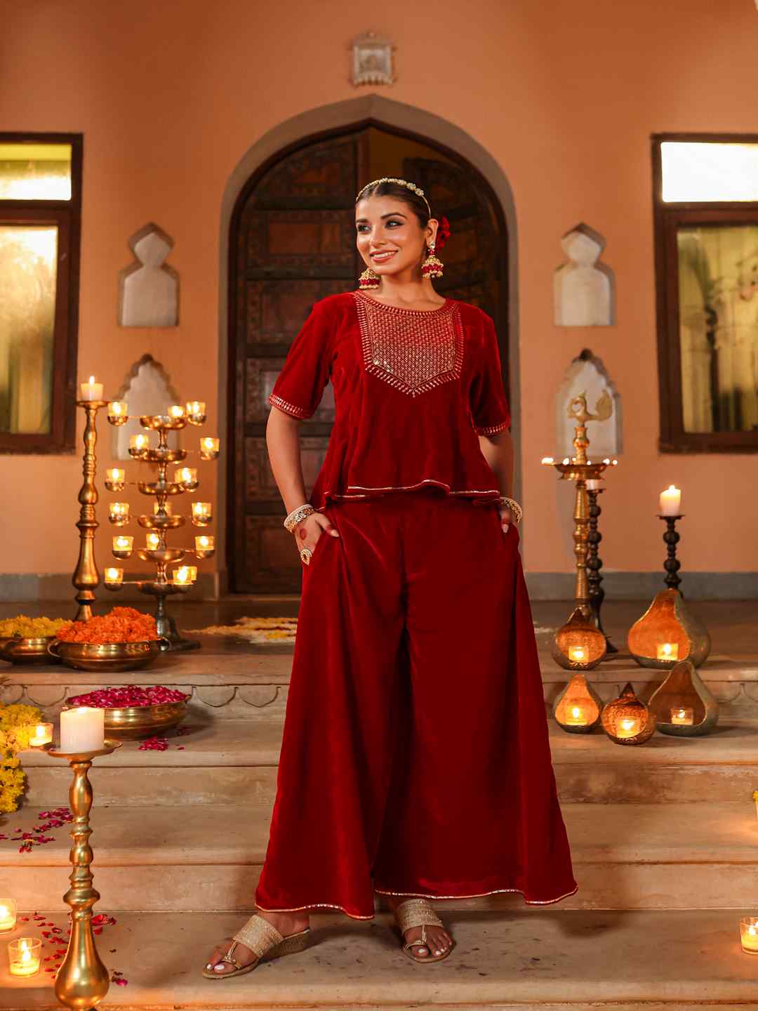 Maroon Velvet Embroidered Clothing Set