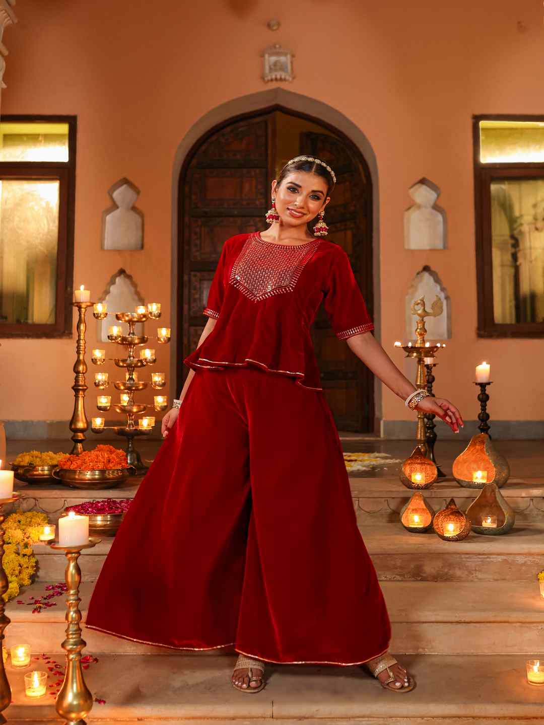 Maroon Velvet Embroidered Clothing Set