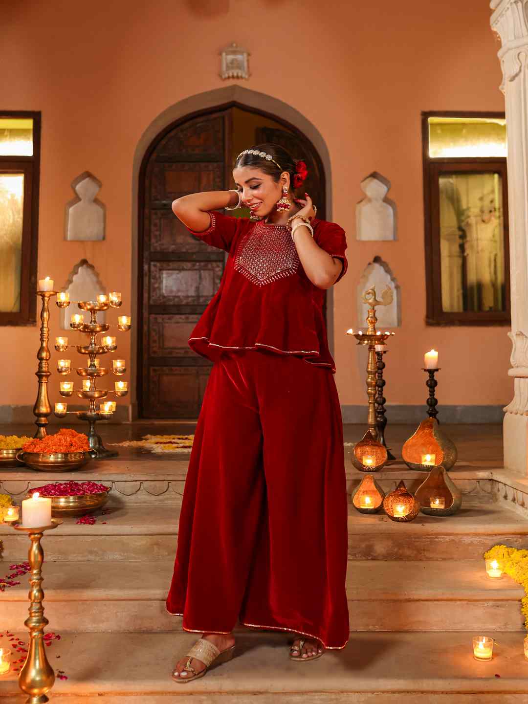 Maroon Velvet Embroidered Clothing Set