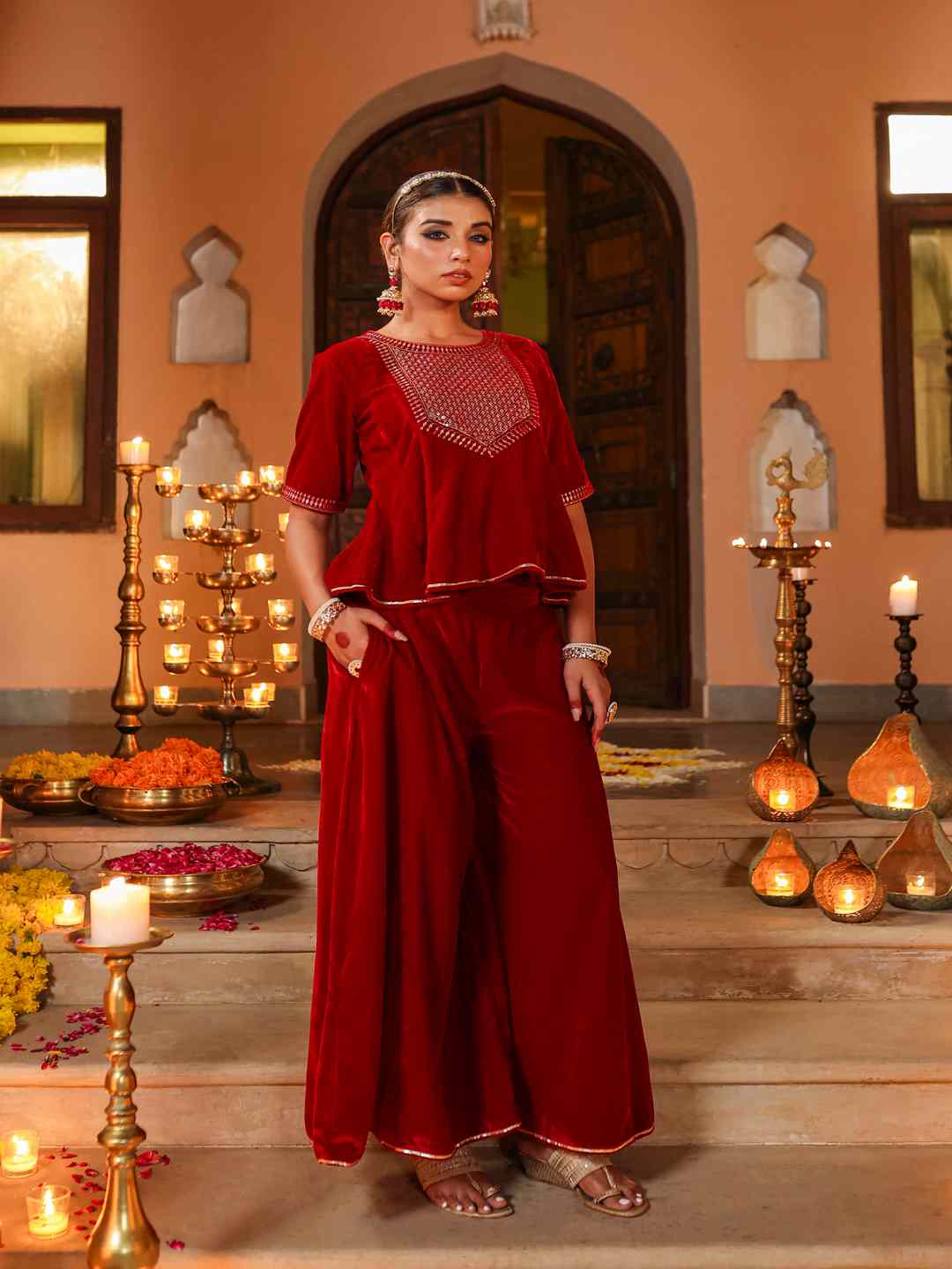 Maroon Velvet Embroidered Clothing Set