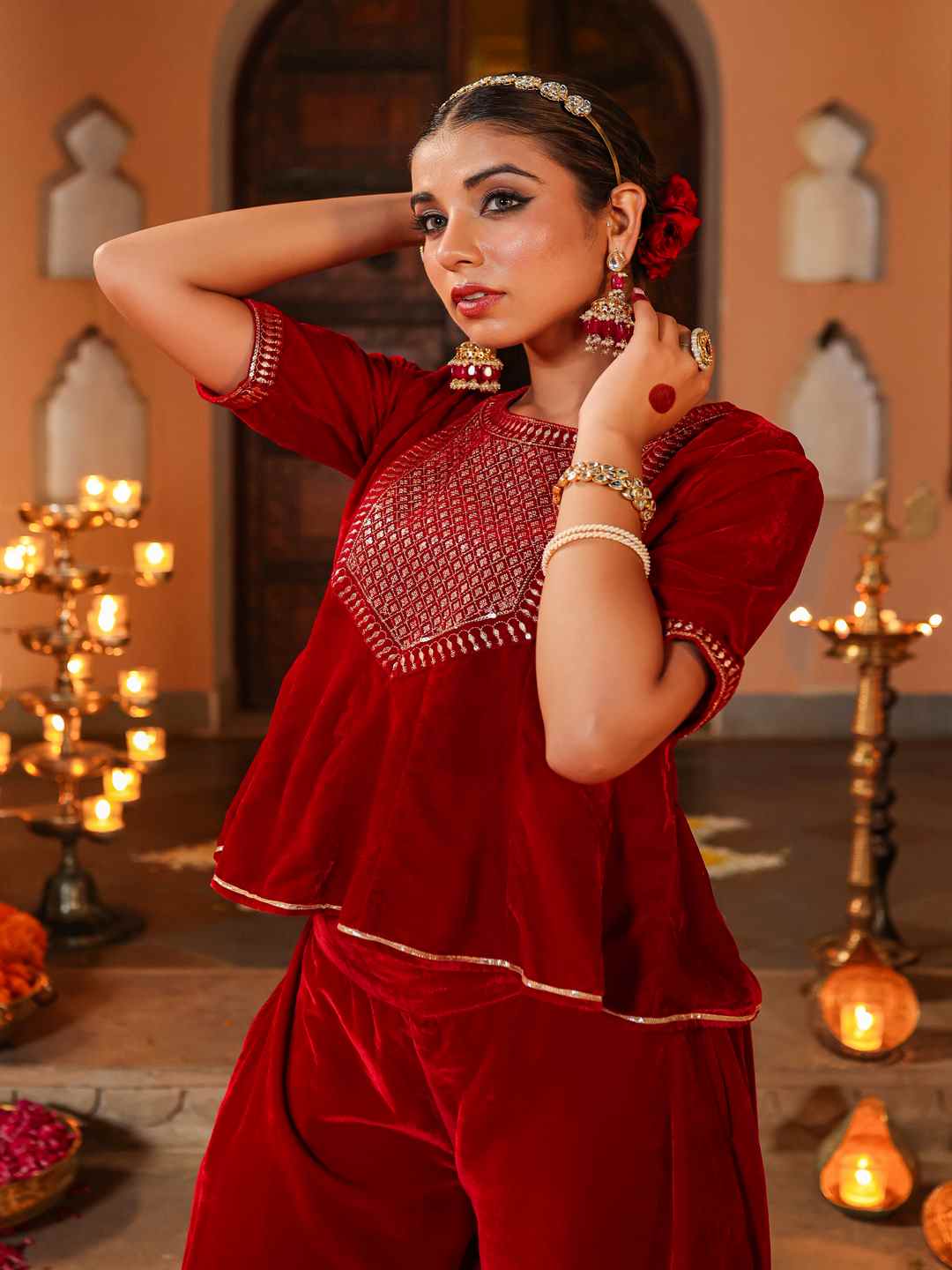 Maroon Velvet Embroidered Clothing Set