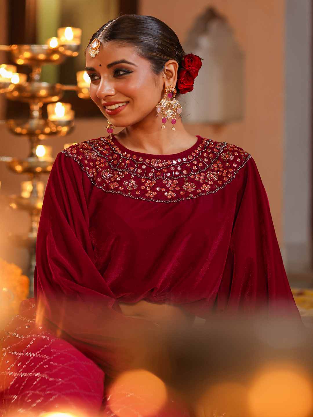 Fuchsia Velvet Embellished Clothing Set