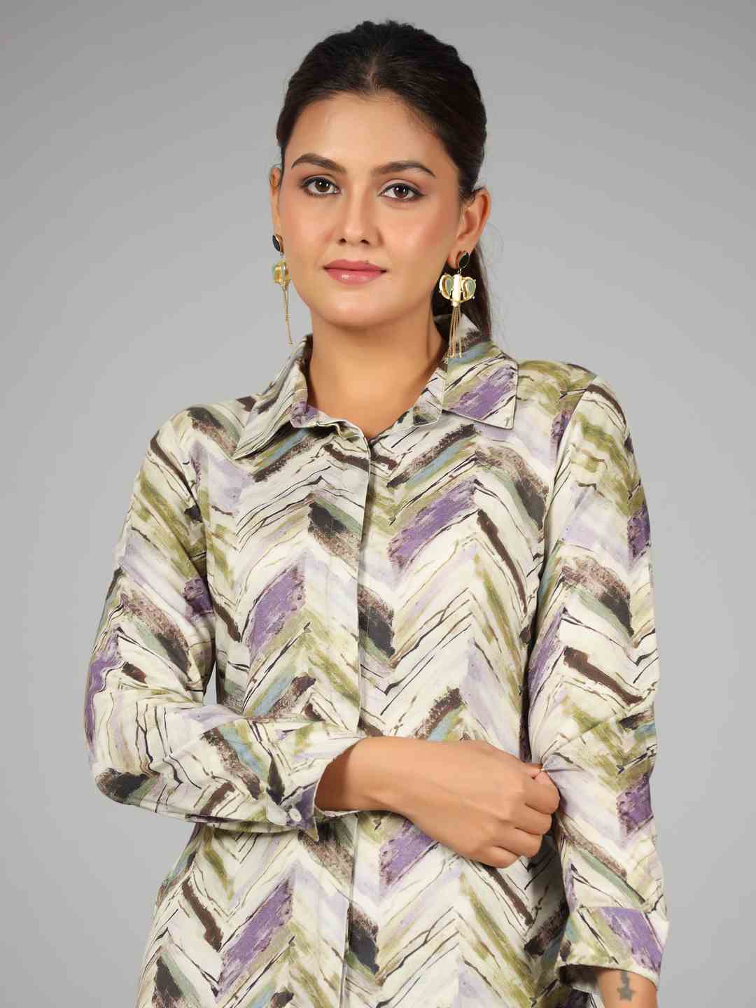 Green Chevron Printed Rayon Tunic With Pants Set