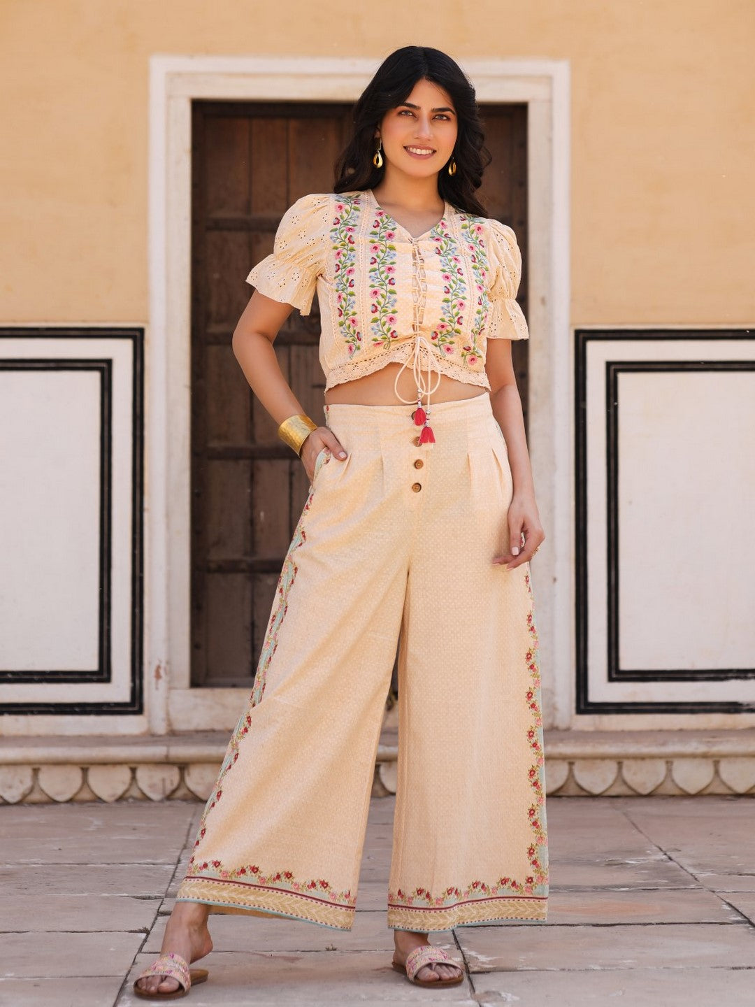 Beige Floral Printed Pure Cotton Crop Top & Pants With Thread Work Embroidery