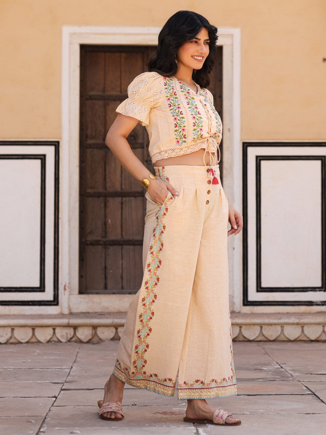 Beige Floral Printed Pure Cotton Crop Top & Pants With Thread Work Embroidery