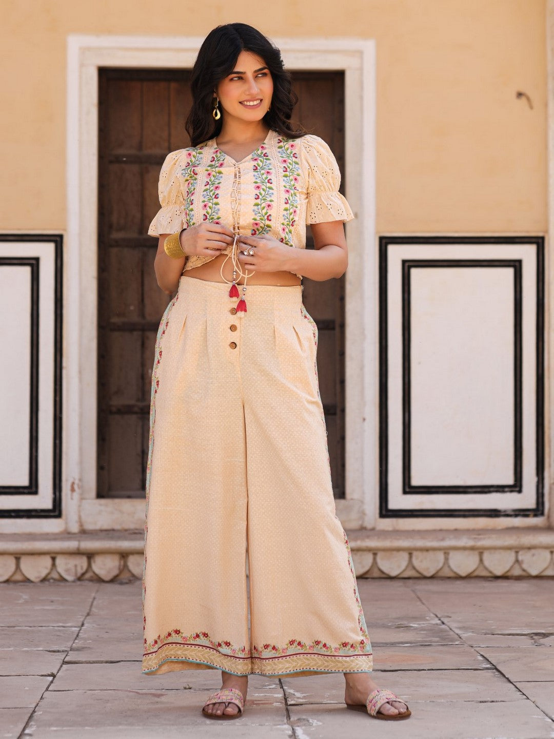 Beige Floral Printed Pure Cotton Crop Top & Pants With Thread Work Embroidery