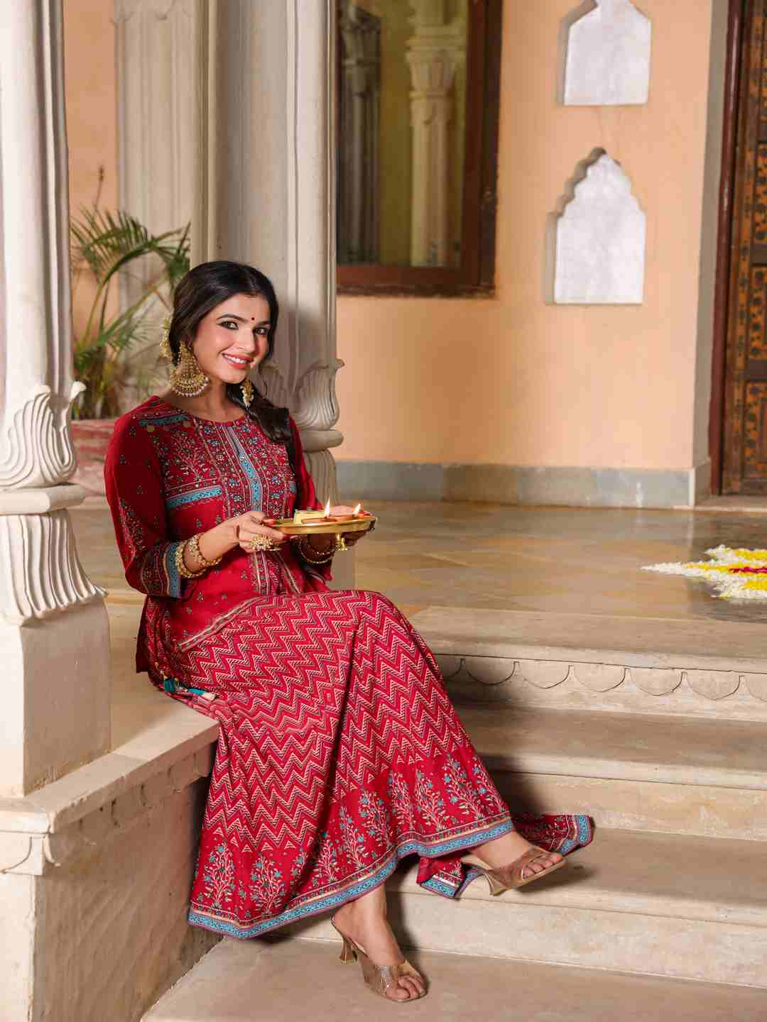 Red Rayon Printed Maxi Dress